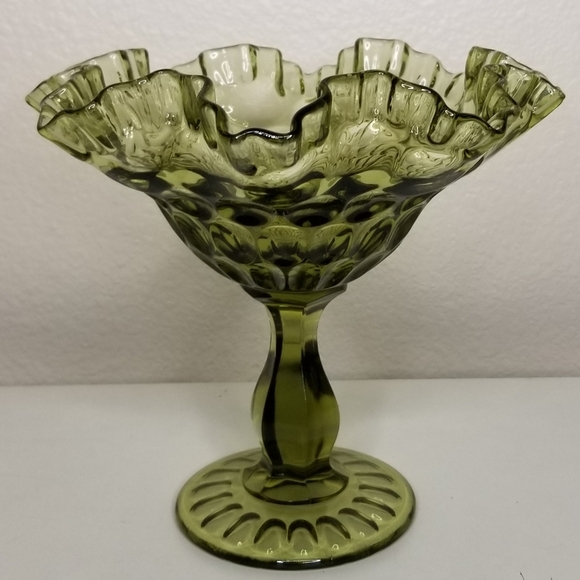 Colonial Green‎ Glass Thumbprint Footed Compote Candy Dish 7"H - Picture 7 of 7